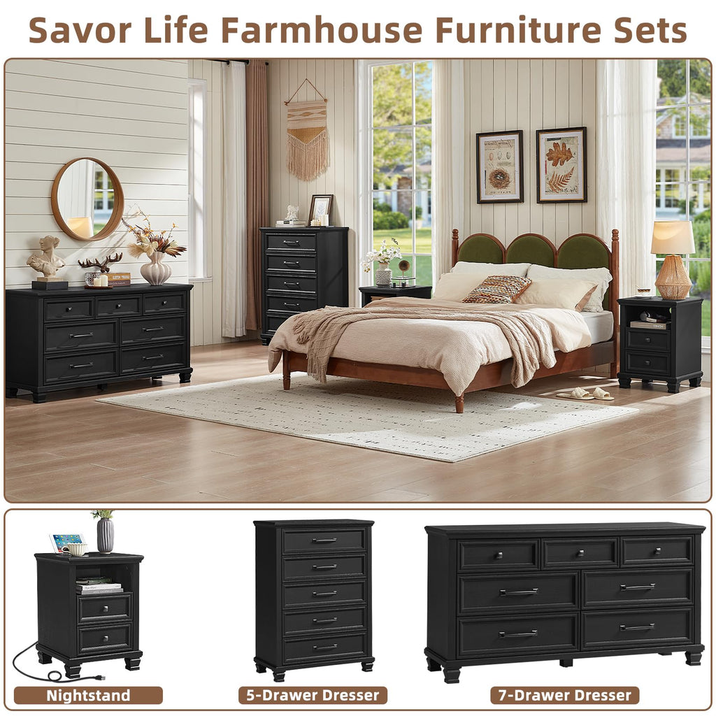 Farmhouse 5 Drawer Dresser, Black