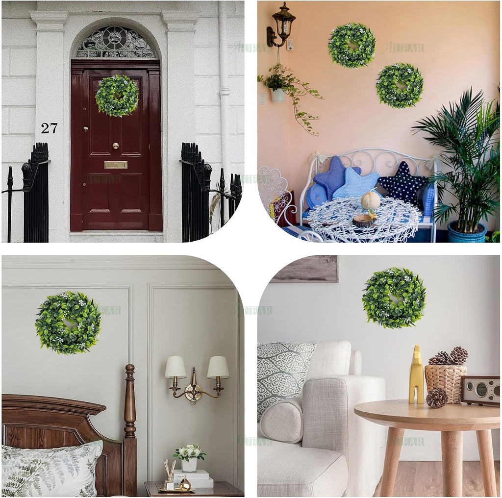 Artificial Boxwood Wreaths Green Leaves Greenery Candle Ring Faux Hanging Planters Front Door - Set of 8