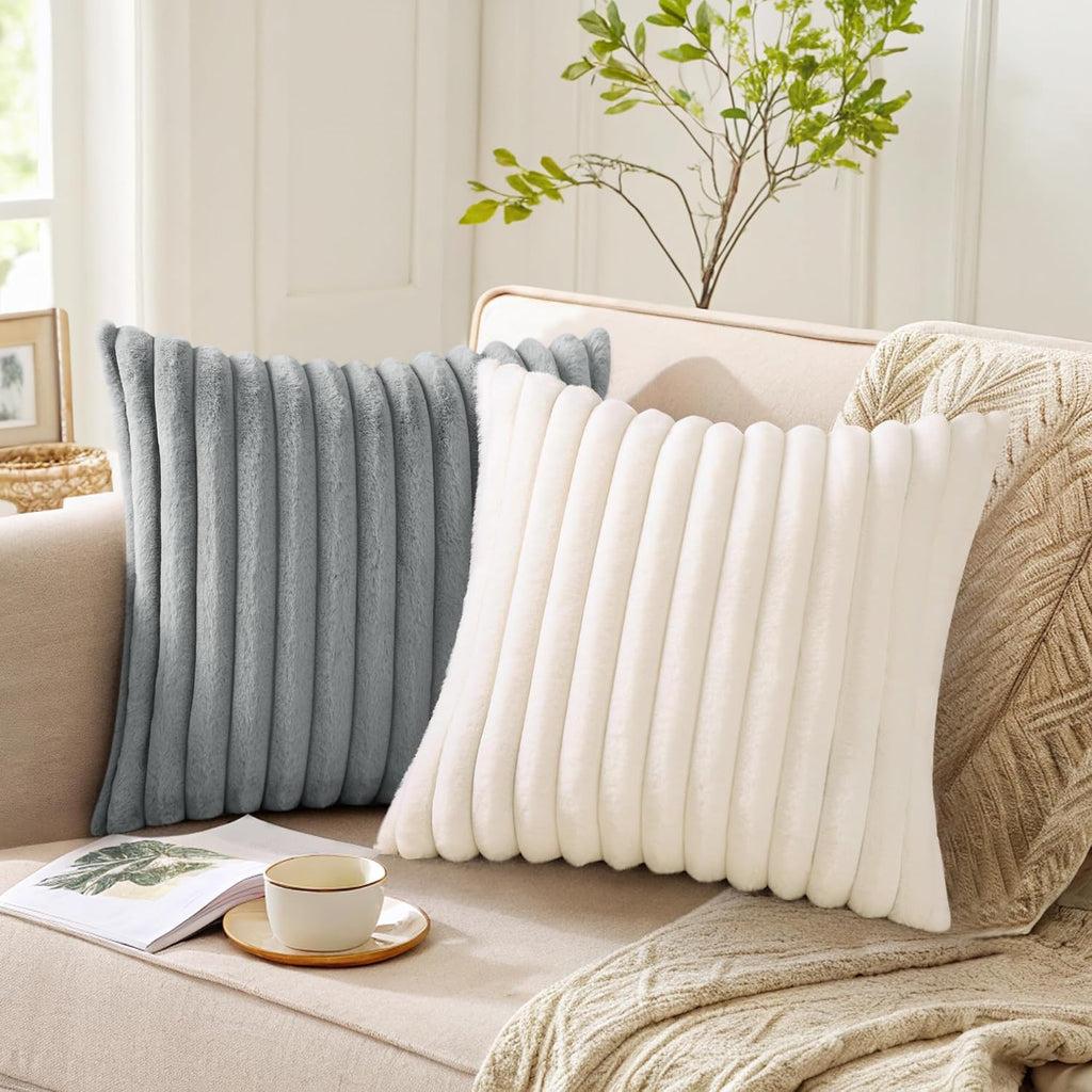 Faux Fur Plush Fall Throw Pillow Covers 18x18 Set of 2, Luxury Soft Fluffy Striped Decorative Pillow Covers, Cream White