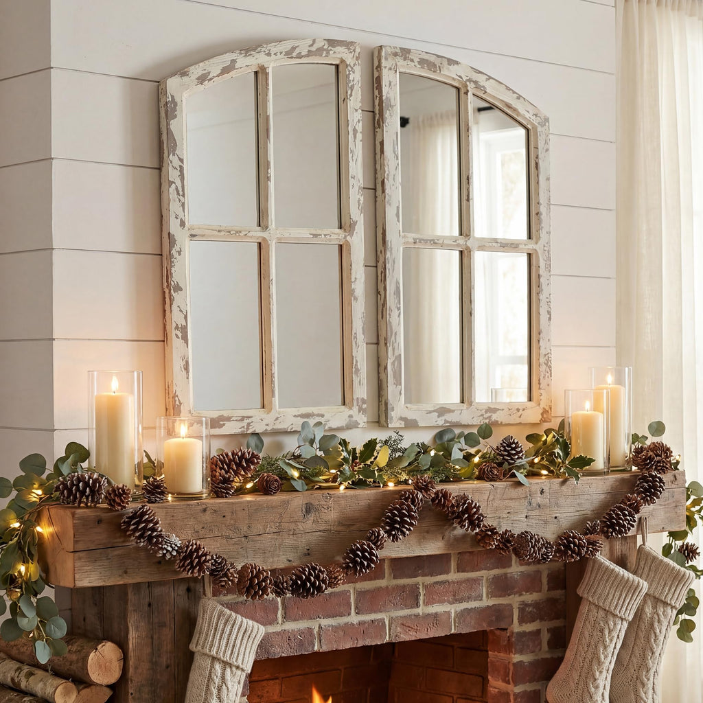 Farmhouse Mirror, Decoration Wood Arch Window Wall Mounted Mirror