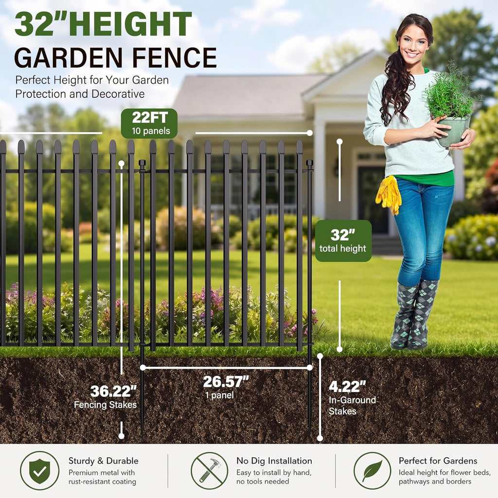 10 Panels No Dig Decorative Garden Fence, 32in(H)×22ft(L) Heavy-Duty Rustproof Metal Panels, Outdoor Dog Barrier for