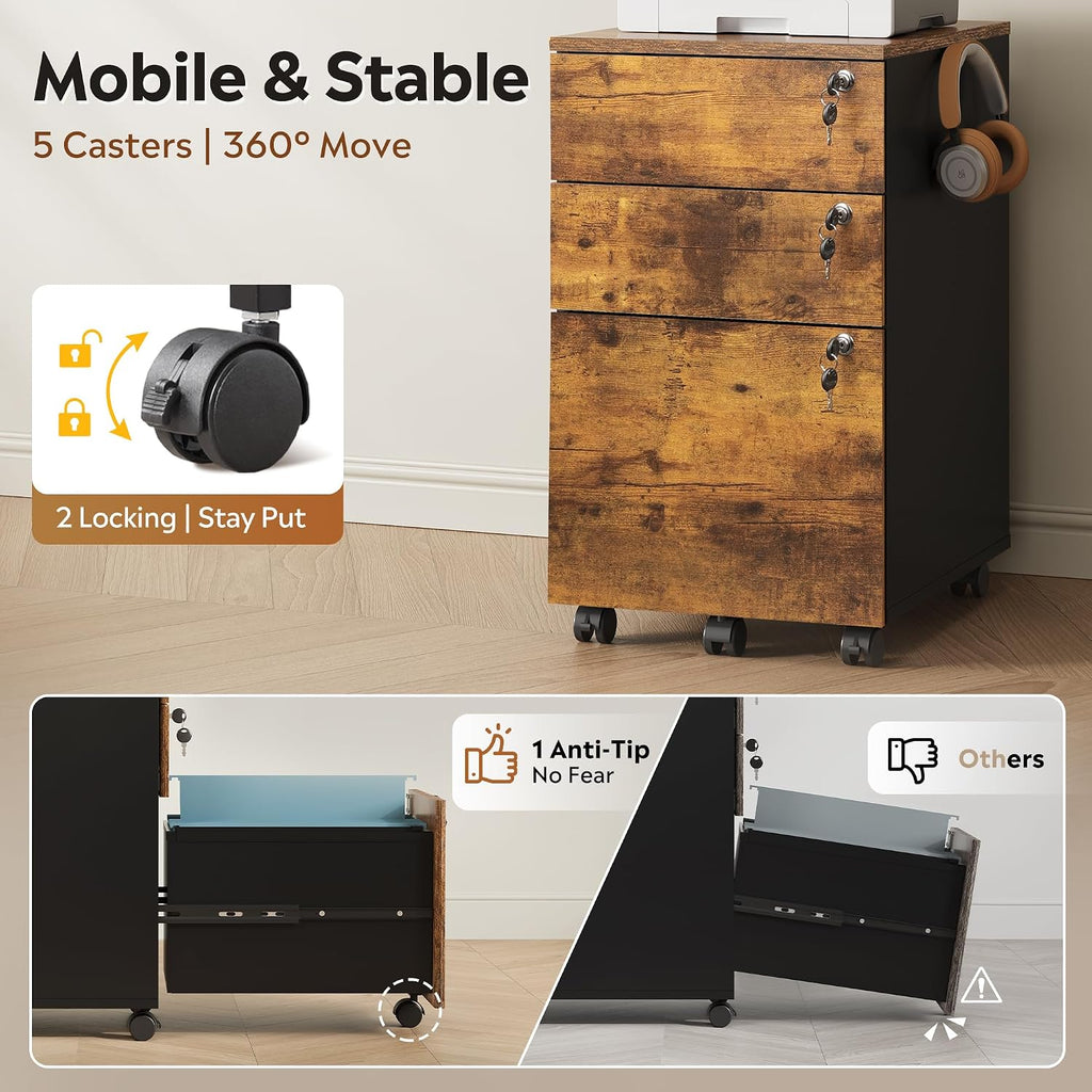 3 Drawer Wood File Cabinet with Individual Locks, Rustic Brown | Mobile Printer Stand with Wheels, Wood Filing