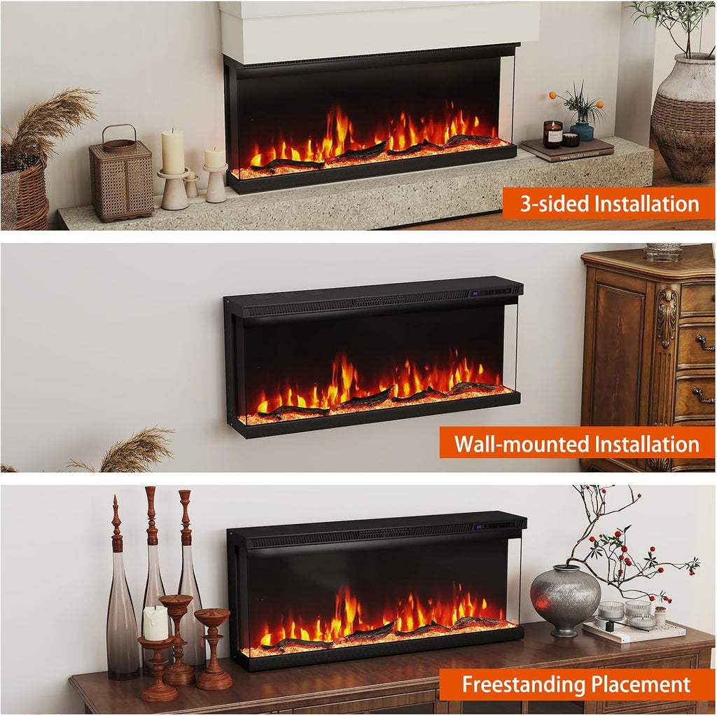 40 Inches 3-Sided Electric Fireplace Insert, 1200W Recessed, Wall-Mount, Freestanding Fire Place with Remote Control