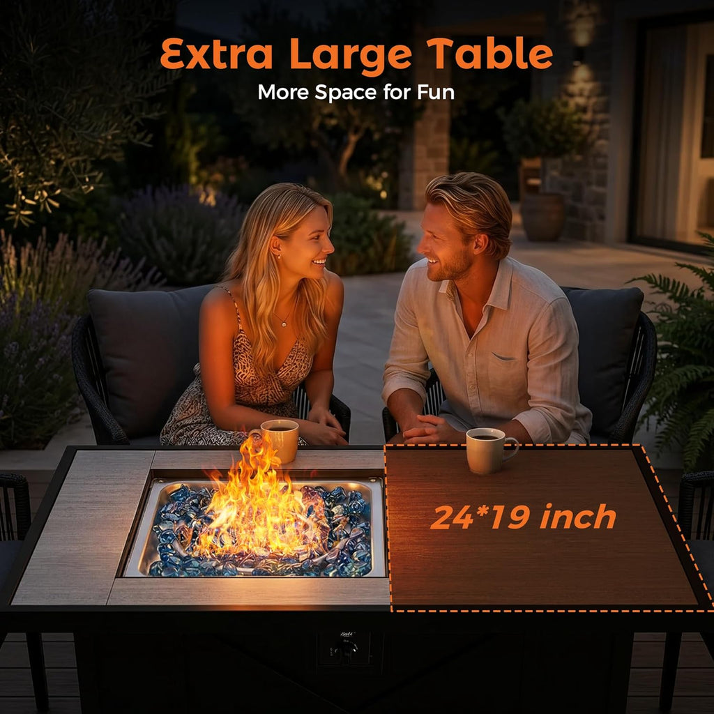 42 inch 50,000 BTU Rectangular Propane Gas Fire Pit Table with Fire Glass and Table Lid, Fire Pits Outdoor