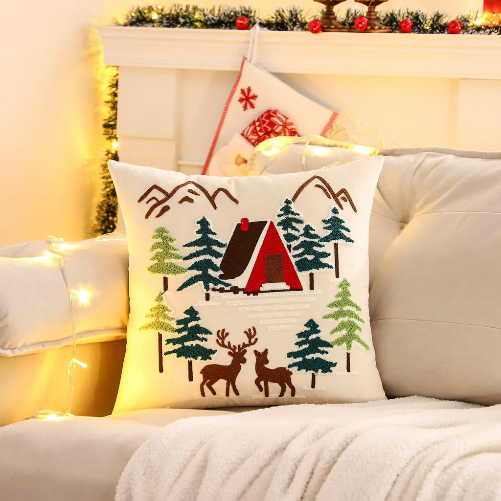 Christmas Pillow Covers 18x18 House and Deer Decorative Beige Pillow Cases Winter Holiday Velvet Embroidered - Set of 2