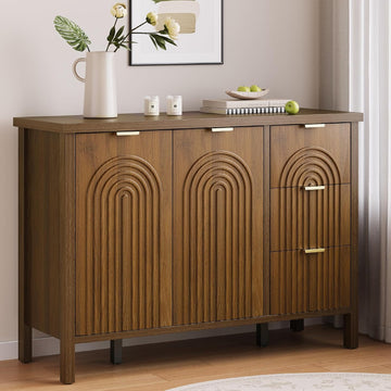 Sideboard Buffet Cabinet with Storage - Fluted Accent Coffee Bar Cabinets Kitchen Credenza with Drawers & Doors, Wood