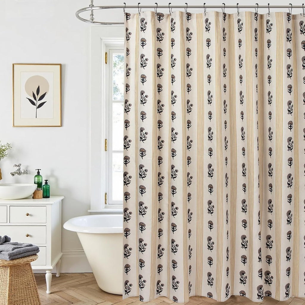 Brown Floral Linen Shower Curtain - Vintage Block Print Striped Shower Curtain Set,Rustic Farmhouse Frenchy Bathroom