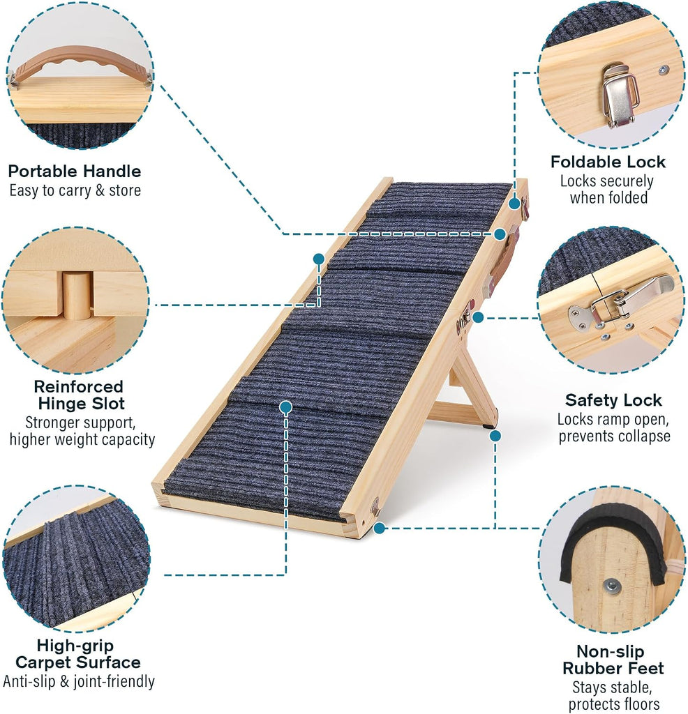 Dog Ramp for Bed, 19.5" H Adjustable Folding Ramp for Dogs to Get on Bed, Solid Wood Dog Ramps for Small Dogs