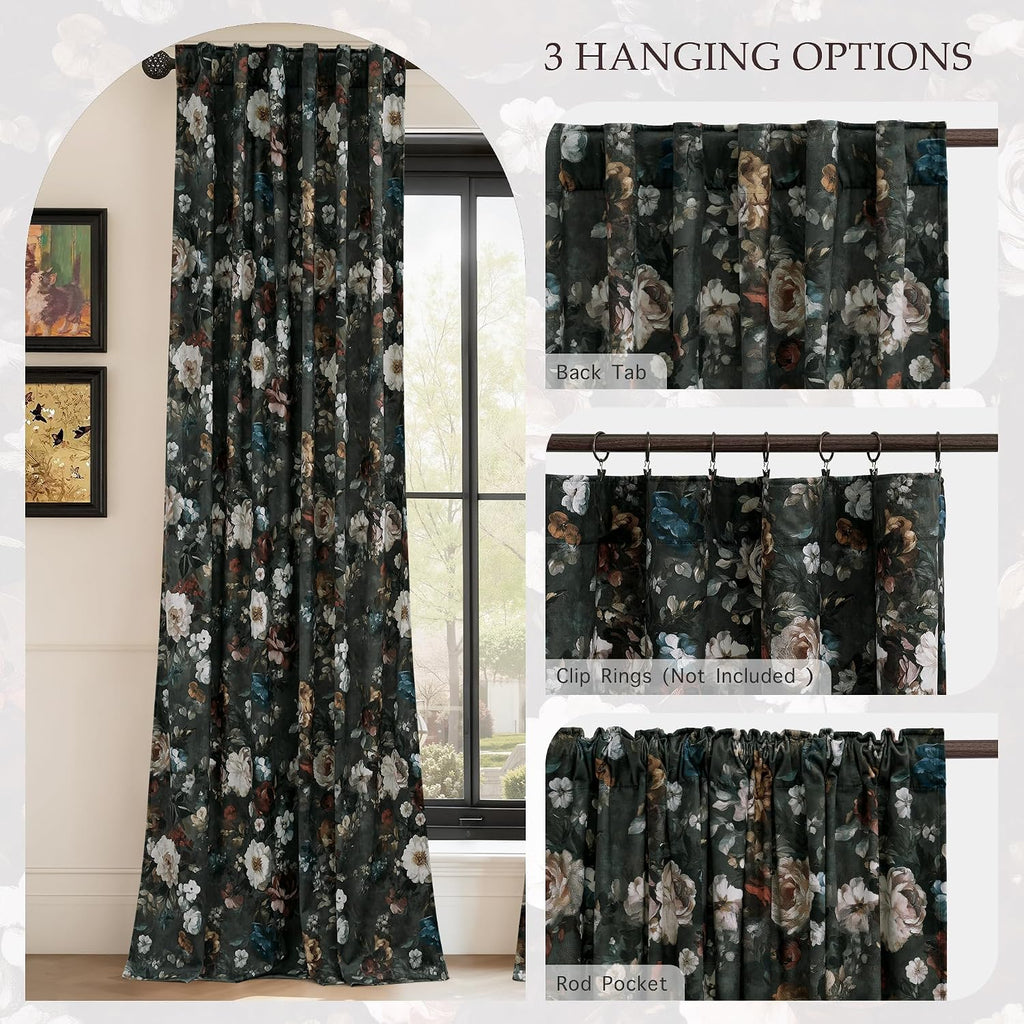 Green Velvet Curtains 102 inches Long, Printed Floral Vintage Design Home Decoration Super Soft Light Filtering