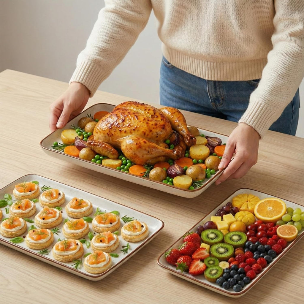 Ceramic Serving Platter Set of 3, Rectangular Plates, 16, 14, 12 inches | Thick Durable Ceramic, Stackable