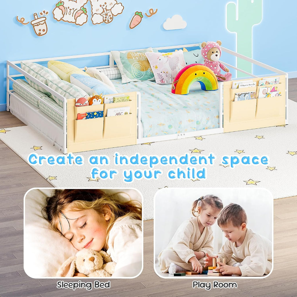 Floor Bed for Kids with Safety Guardrails and Bedside Caddy