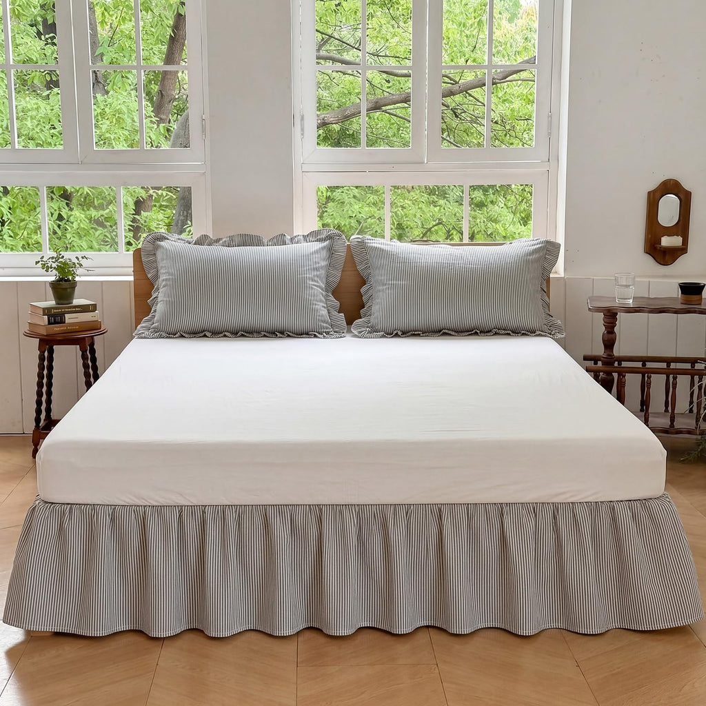Stripe Ruffled Bed Skirt 16" Drop, Grey