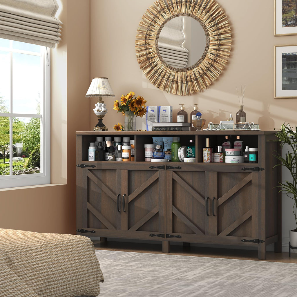Buffet Sideboard with Storage Farmhouse, Large Kitchen Storage Cabinet Wood Coffee Bar Cabine Buffet, 55in, Brown