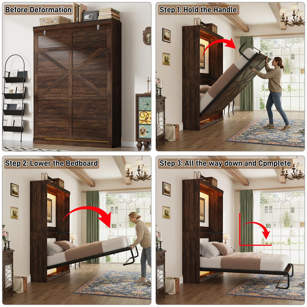 Queen Size Murphy Bed with 2 LED Lights, Farmhouse Wood Hidden Foldable Wall Bed Frame w/Gas Struts, Storage Bed