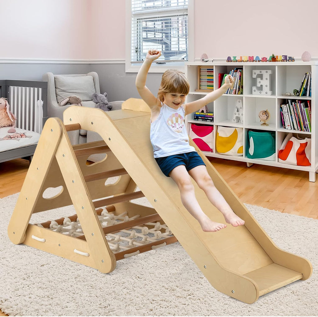 In-1 Triangle Climber with Ramp, Side Kids Climbing Triangle Ladder with Net Rope & Bars, Wooden Montessori