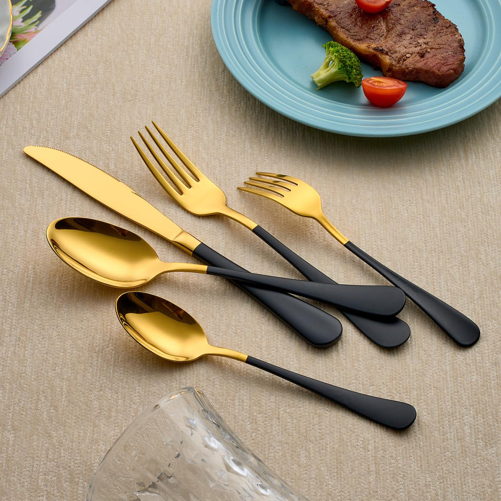 20-Piece Black and Gold Silverware Set 18/0 Stainless Steel Silverware Set Black Handle Cutlery Set Service for 4