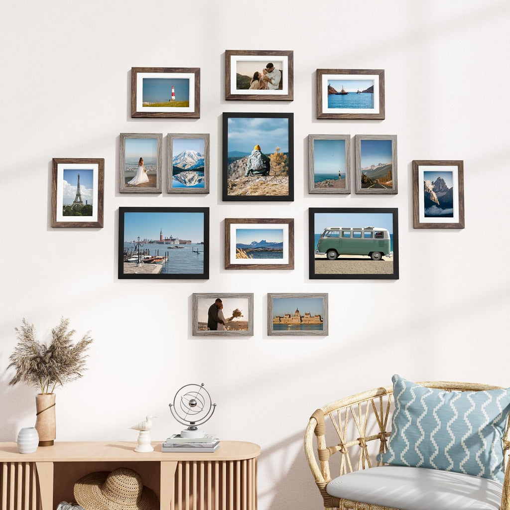 15 Pack Gallery Wall Frame Set, Black, Brown, Dark Grey | Picture Frames Collage Wall Decor: 3pcs 8x10, 6pcs 5x7
