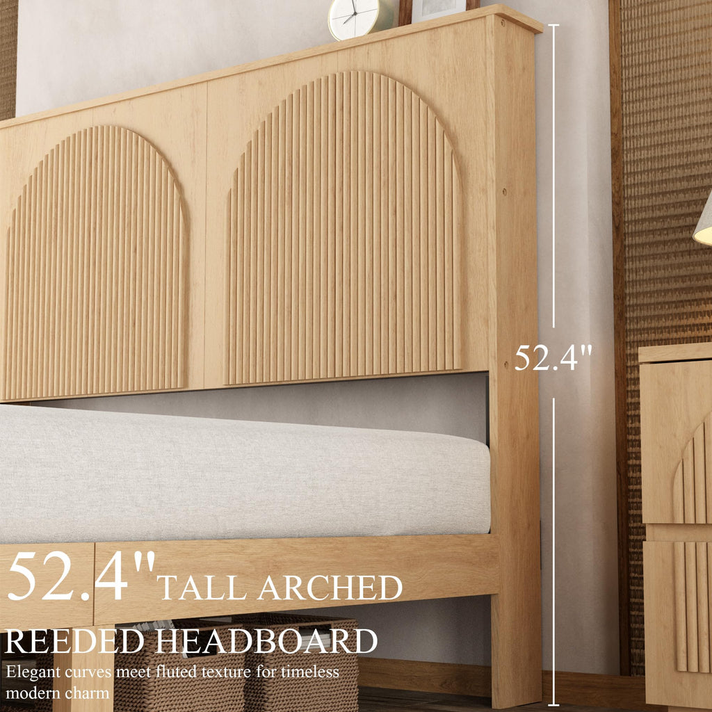 King Bed Frame with 52.4" Tall Headboard, Fluted Bed Frame with 2 Storage Drawers, Modern Arched Reeded Wooden