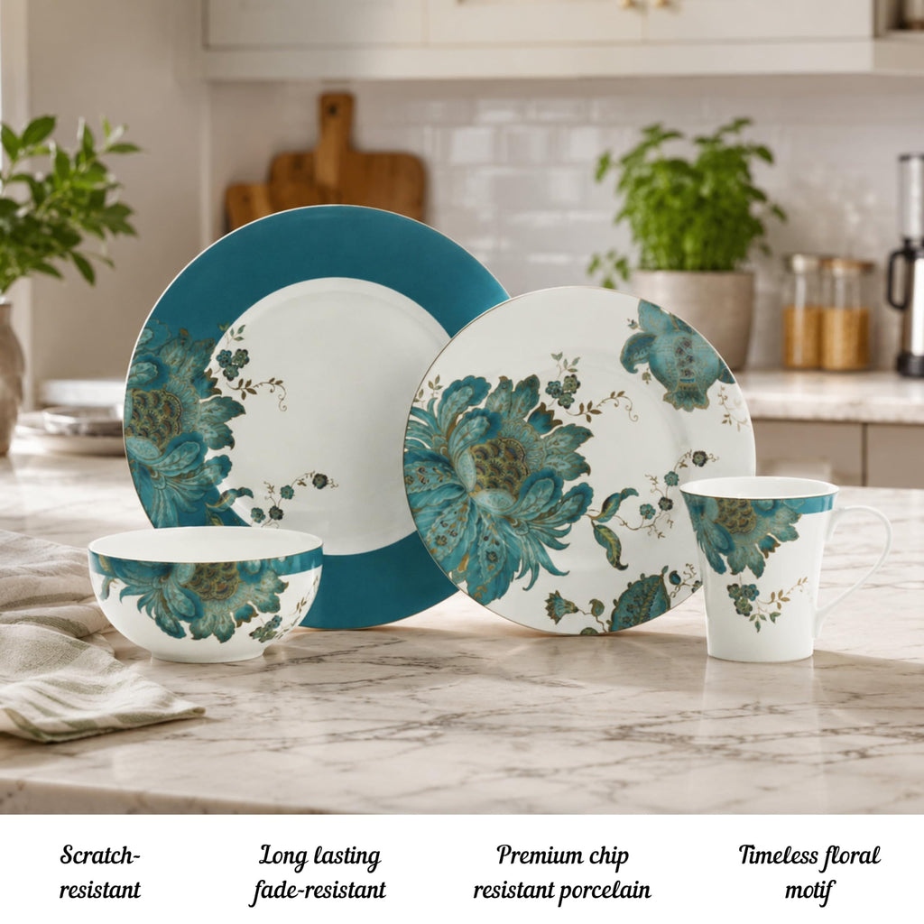 16-Piece Porcelain Dinnerware Set for 4, Elegant Floral Plates and Bowls Sets-White, Teal, Gold Ceramic Dishes, Chip