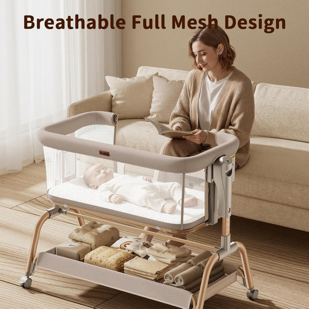3 in 1 Baby Bassinet, Bedside Bassinet for Baby, Rocking Bassinet with Breathable Full-Mesh, Mattress and Soft Sheet