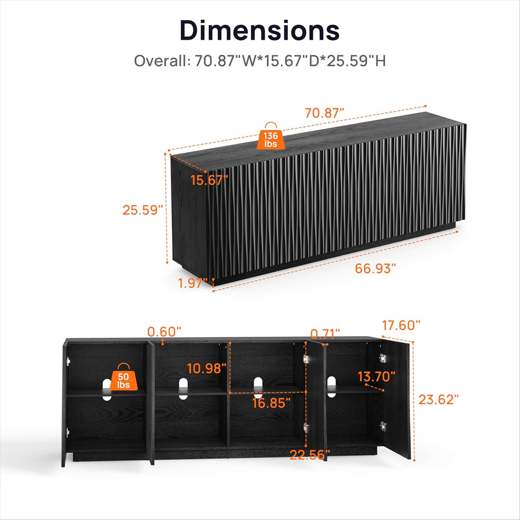 70" Fluted TV Stand for TVs Up to 50/55/65/75", Mid-Century Modern Entertainment Center for Living Room, Tall