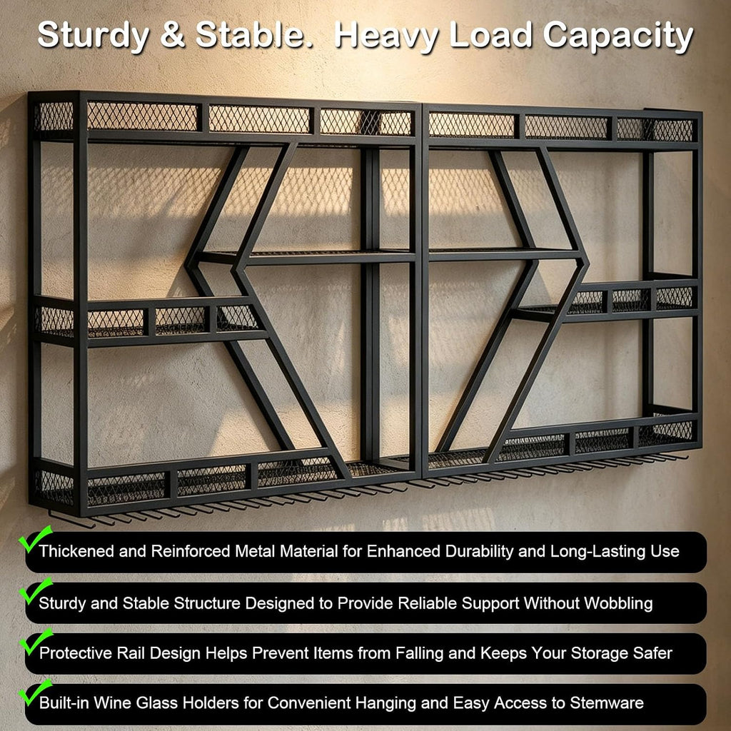 79 Inch Wine Rack Wall Mounted with LED Warm Light, 3-Tier Large Capacity Liquor Shelf with Glass Holder, Industrial