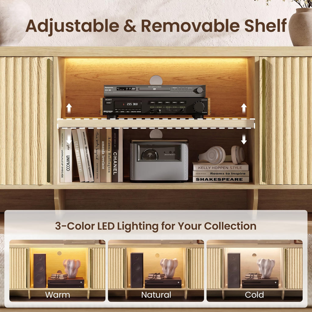 70" Fluted TV Stand with LED Light for TV up to 80", Natural Oak