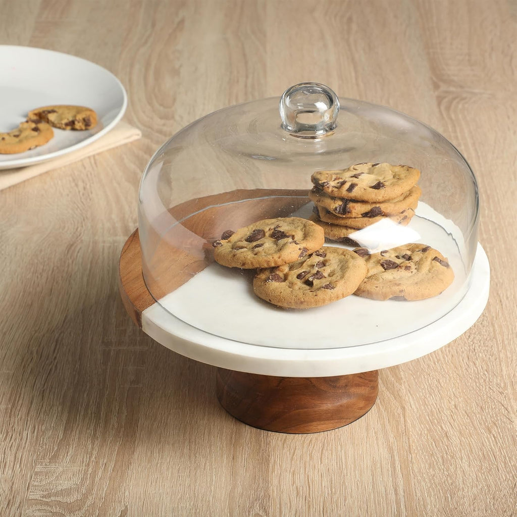 Ridgehaven 10" Marble & Wood Cake Stand, Serving Platter, Charcuterie Board, and Center Piece Home Décor With Glass