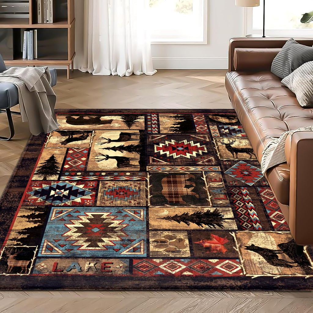 Bear Area Rug, Rustic Cabin Rug Mat Farmhouse Brown Rugs Retro Lodge Runner Carpet Moose Deer Non Slip Floor Mat