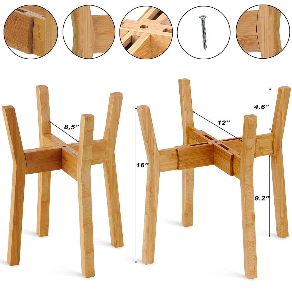 Plant Stand Mid Century Indoor, Bamboo, Wooden, Adjustable (8-12 Inch), Tall Modern Plant Holder X (Planter Not