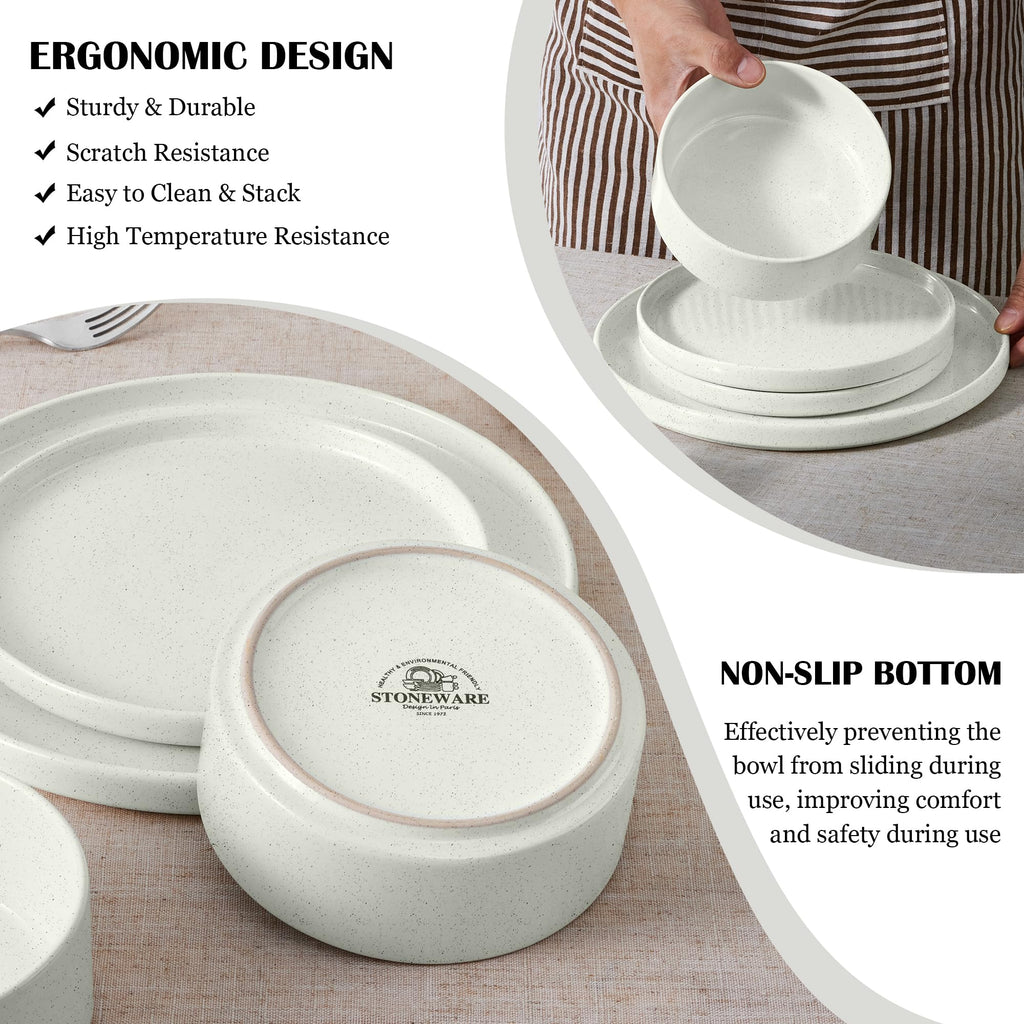 Dinnerware Sets for 6, 18-Piece Stoneware Plates and Bowls Set, White