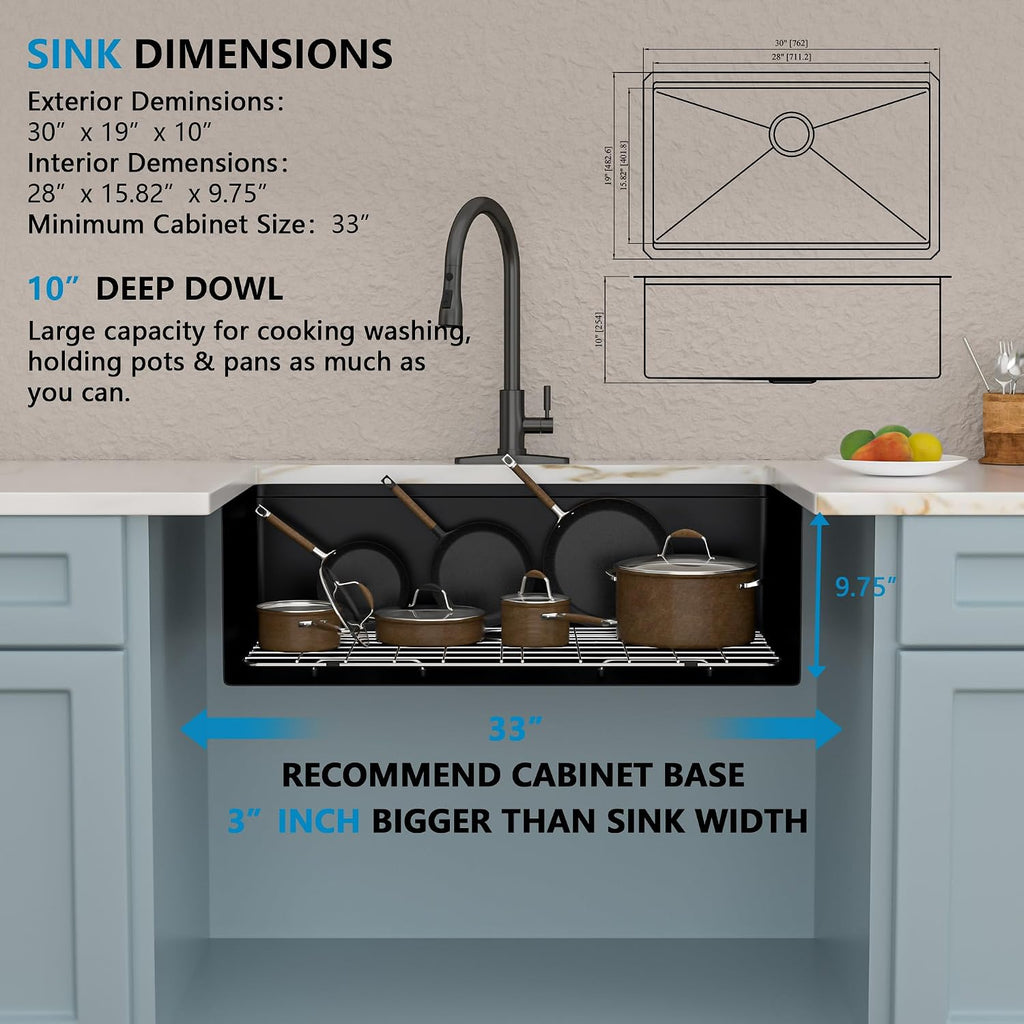 30" x 19" Undermount Matte Black Workstation Kitchen Sink | 16 Gauge T304 Stainless Steel Single Bowl Sink with