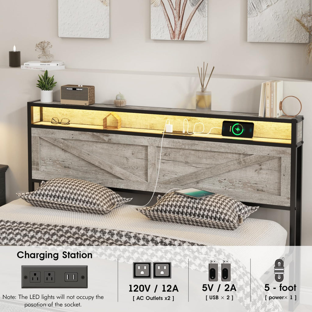 Bed Frame with Charging Station, Platform Metal Bed with Headboard & Led Light, Farmhouse Storage Bed, No