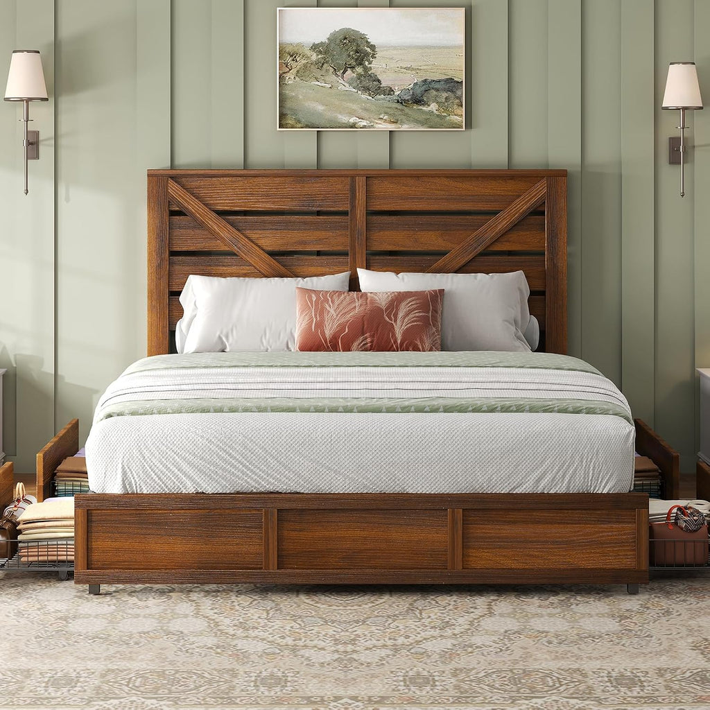 48.8" H Queen Bed Frame with 4 Storage Drawers, Farmhouse Platform Bed with Barn Door Headboard, Rustic Wood Grain