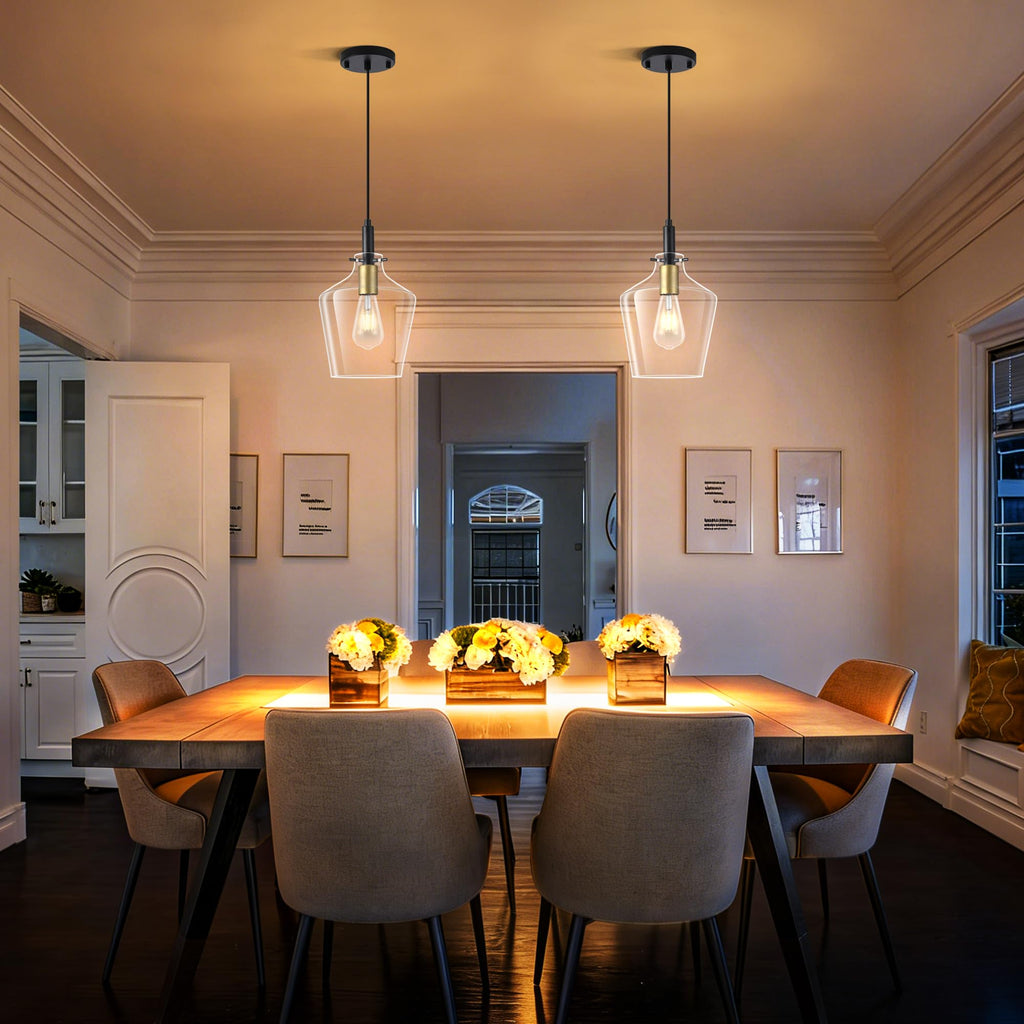 Modern Pendant Light Fixture Island, Farmhouse Black and Gold Brushed Brass Adjustable Hanging Light With Clear