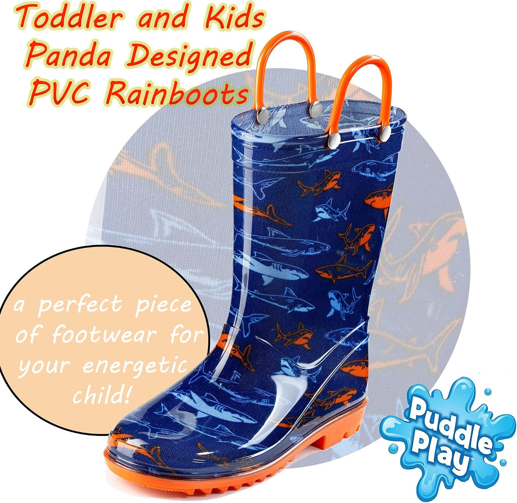 Toddler and Kids Waterproof PVC Rain Boots with Easy-On Handles - Lightweight Slip-Resistant Outdoor Boots for Boys