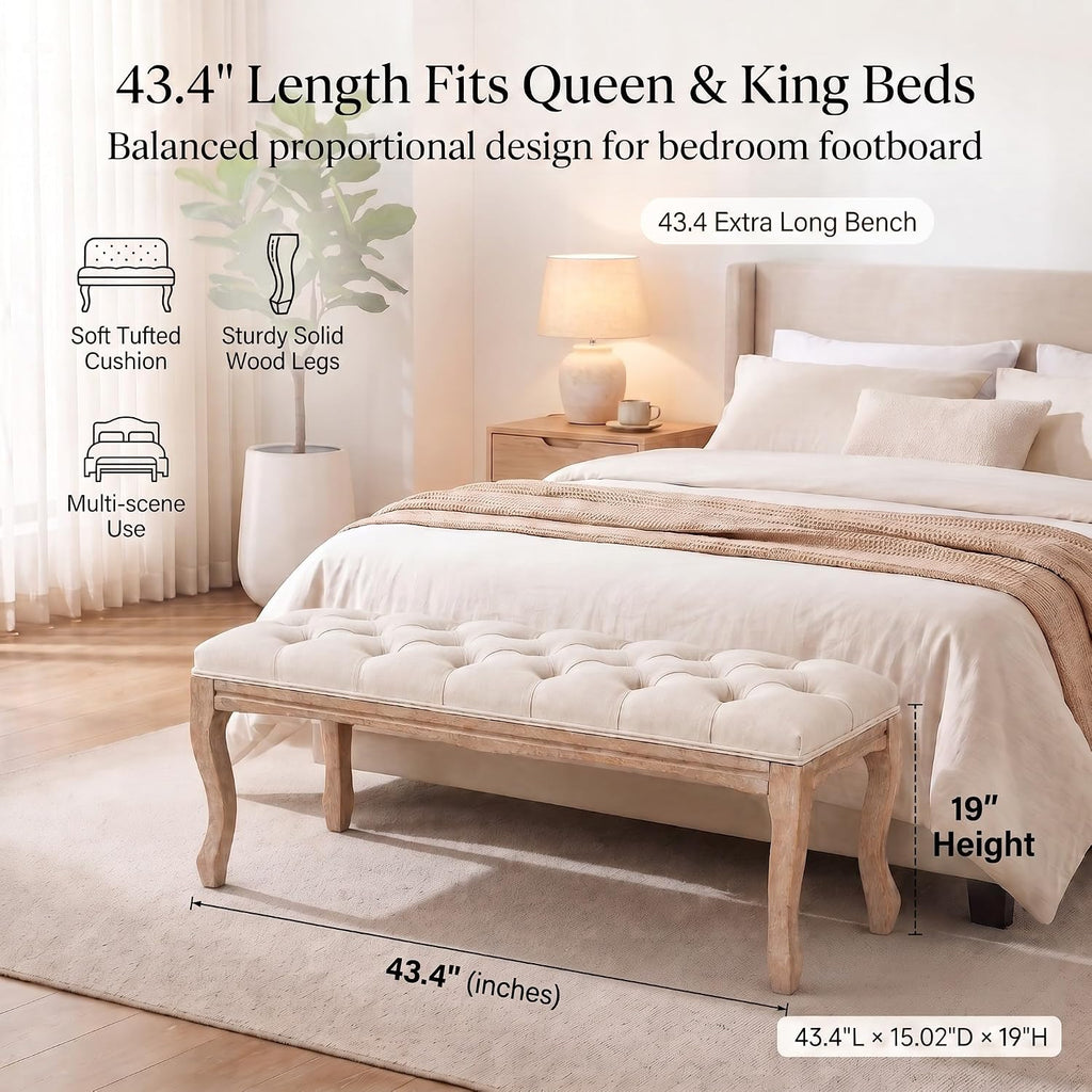 French Vintage Tufted End of Bed Bench, Linen Upholstered | 43.4"L × 15.02"W × 19"H, 330 lbs, Rubberwood legs