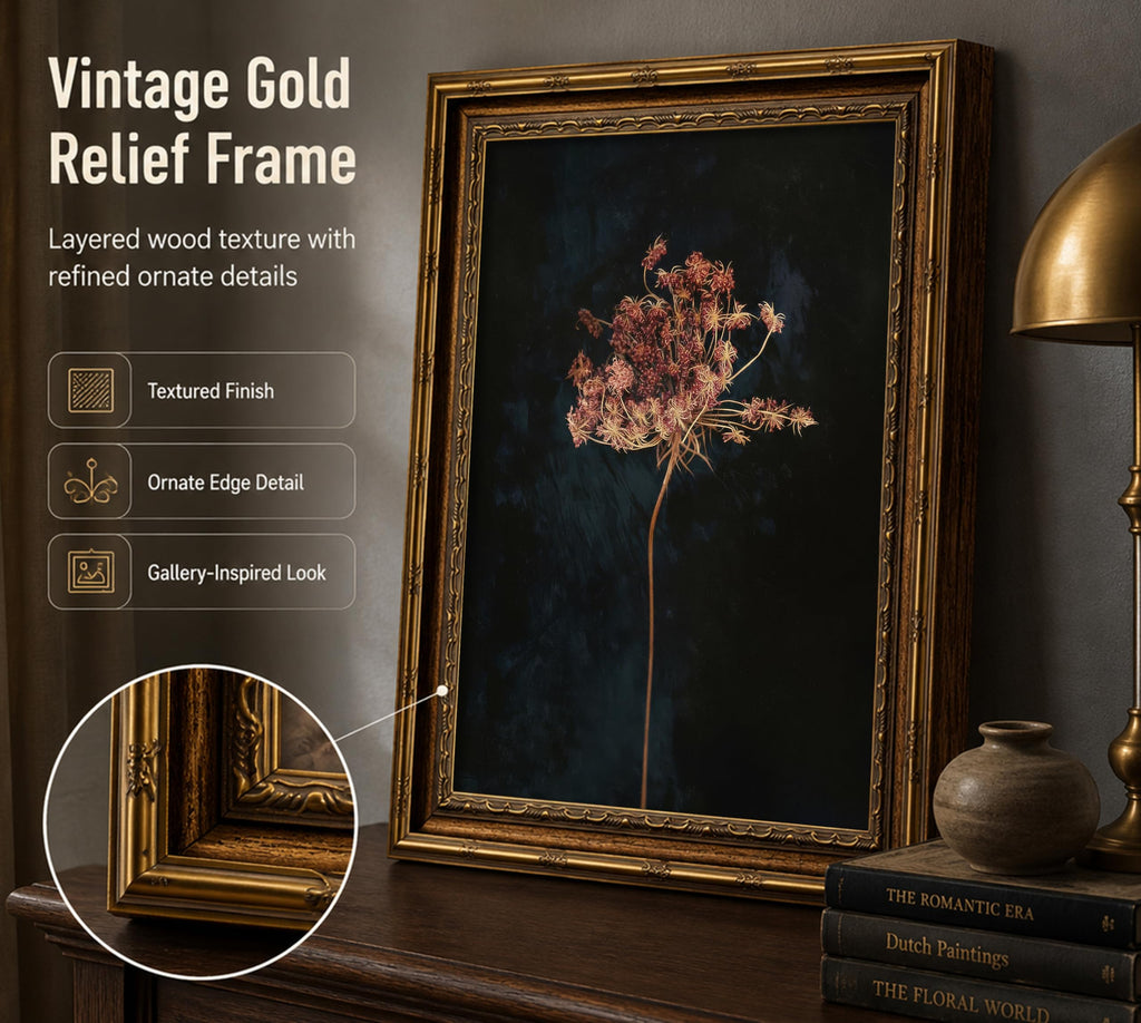 Vintage Gold Framed Wall Art, Retro Moody Dried Flower Wall Art, Dark Botanical Still Life Painting Canvas Print