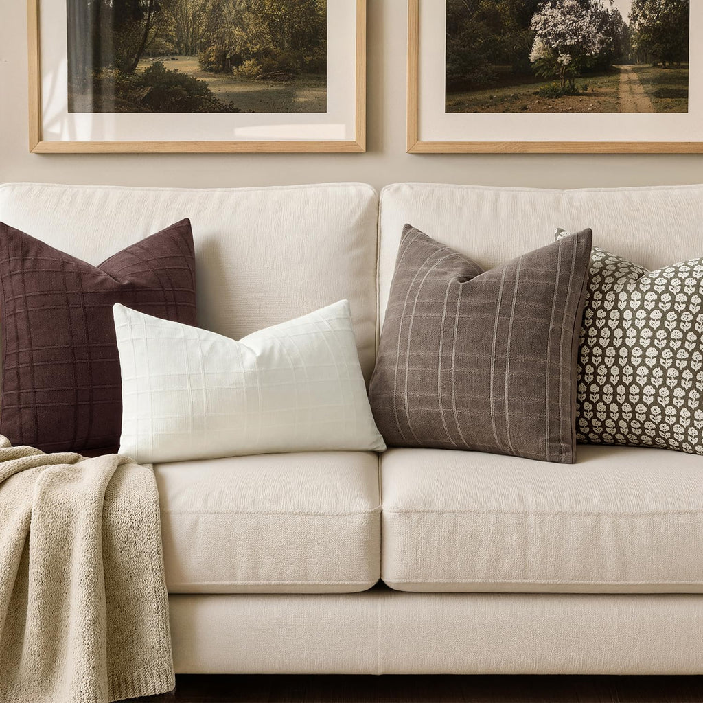 Linen Plaid Pillow Covers Fall Decorative 18x18 Dark Brown