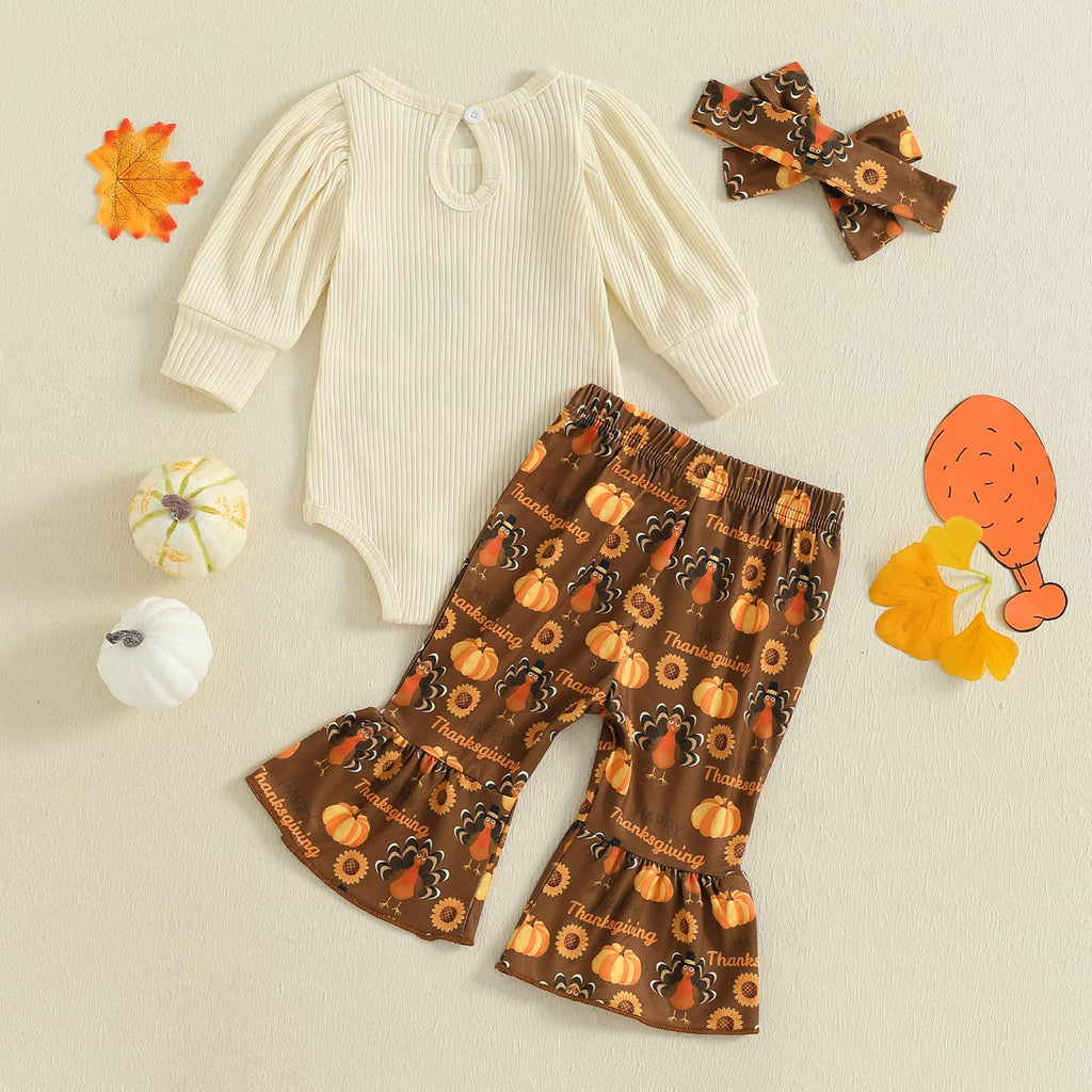 My First Thanksgiving Baby Girl Outfit Newborn Turkey Onesie Bell Bottoms Set Cute Romper Flare Pants Fall Clothes (A