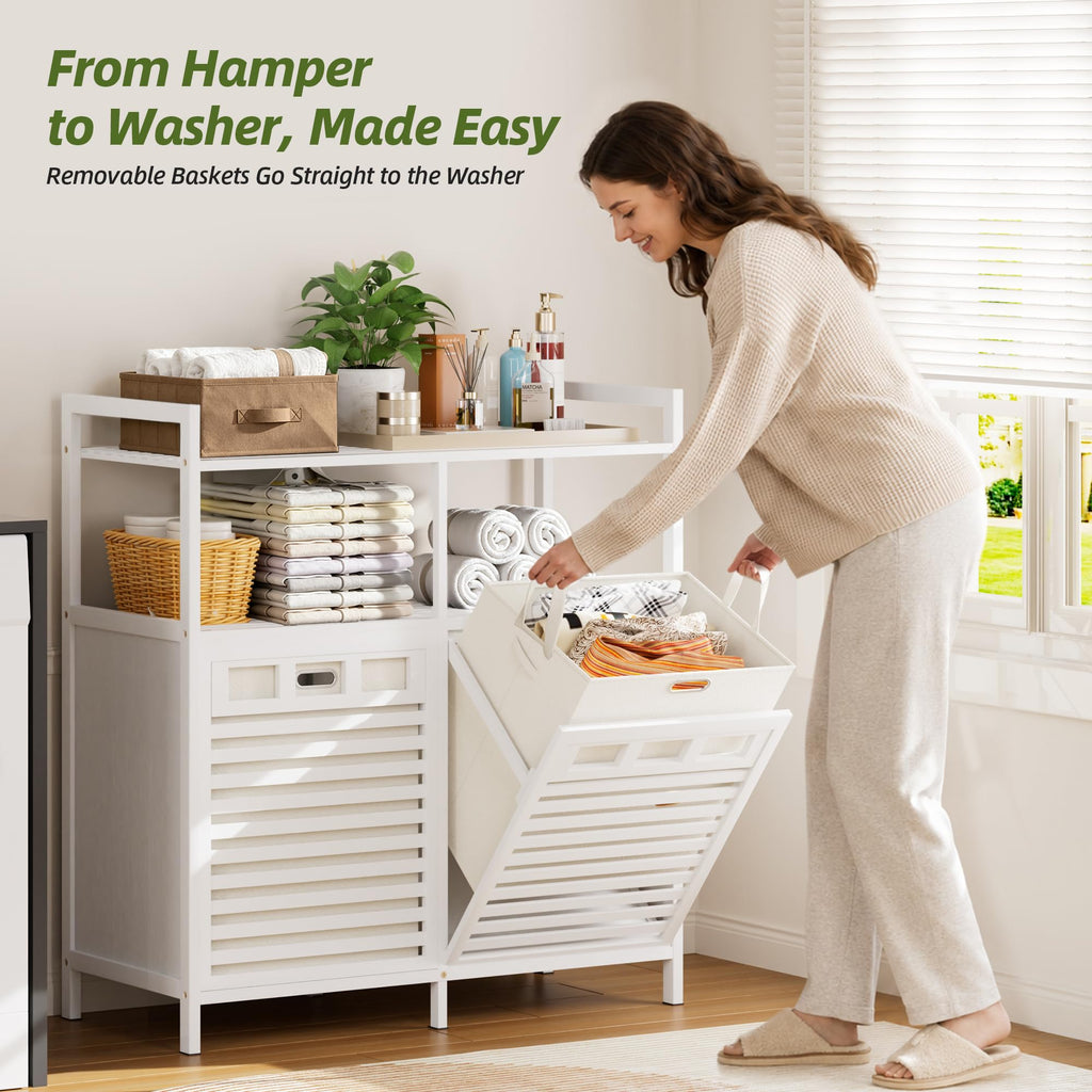 Bamboo Tilt Out Laundry Hamper Cabinet with Removable Bag, White