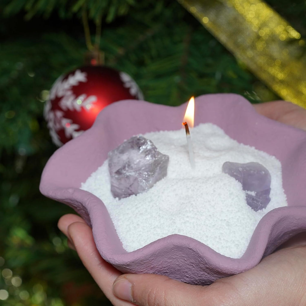 Blush Petal Cement Candle Vessel with 7 Crystal Stones - Handmade Petal-Shaped Matte Cement Bowl in Blush Pink