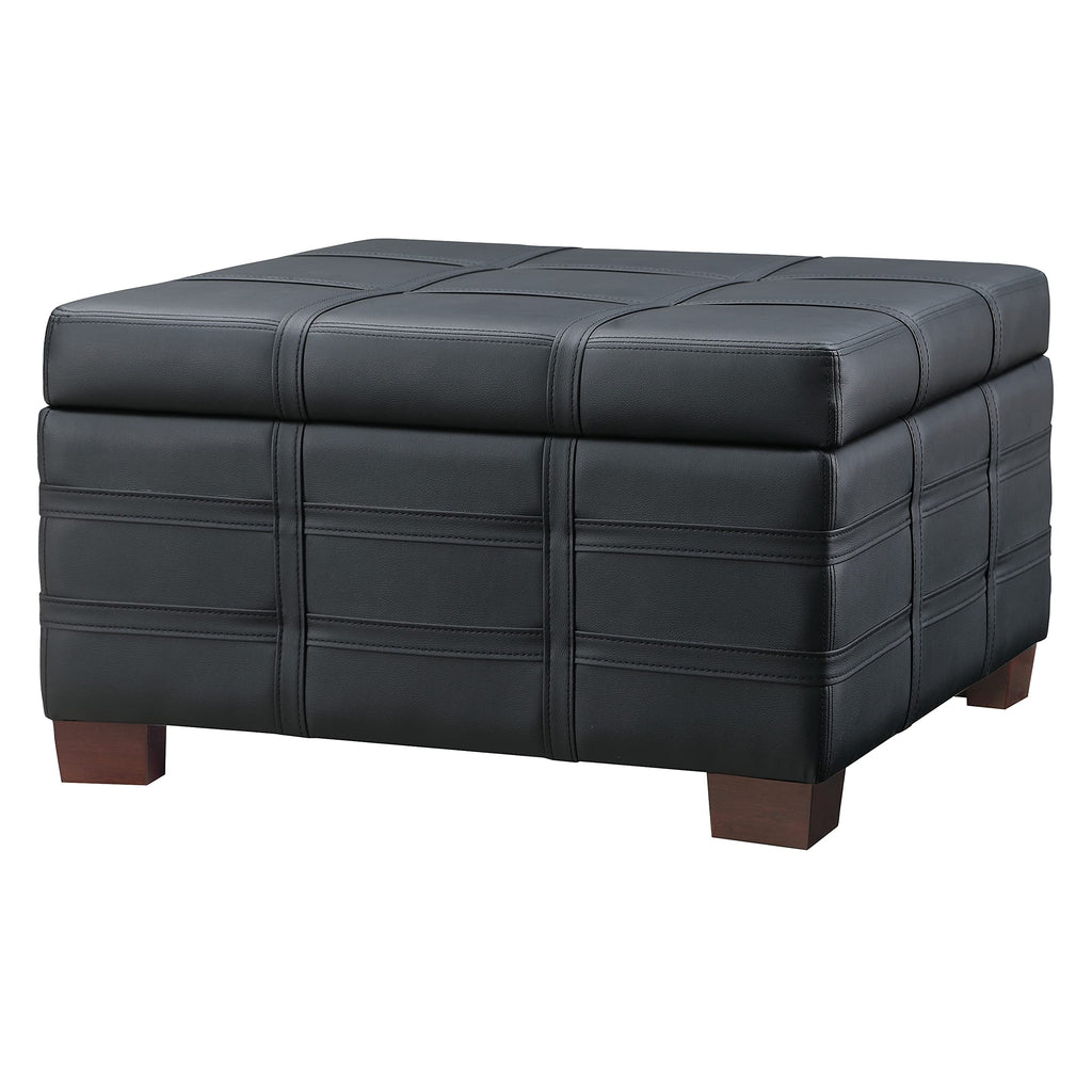 OSP Home Furnishings Detour Strap Square Storage Ottoman with Sliding Tray and Hinged Lid, Black Faux Leather