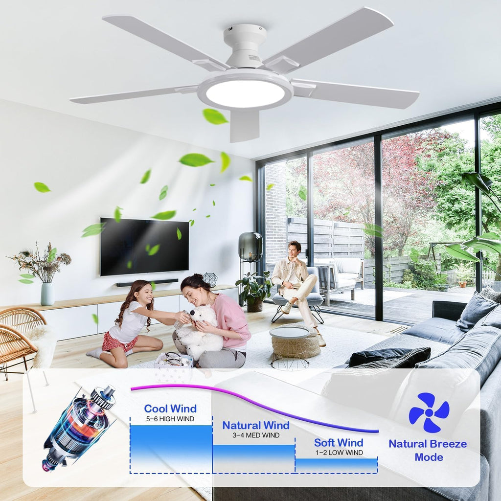 52" Ceiling Fans with Lights,Bluetooth Ceiling Fan with Speaker,6-Speed Reversible Motor,Full-Spectrum Adjustable