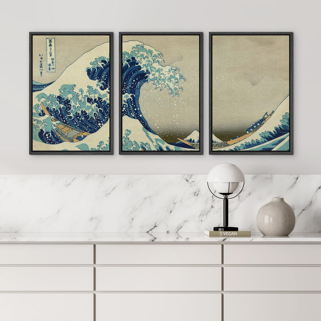 Framed Canvas Print Wall Art Set The Great Wave Off Kanagawa by Hokusai Cultural Historic Oil Painting Fine Art