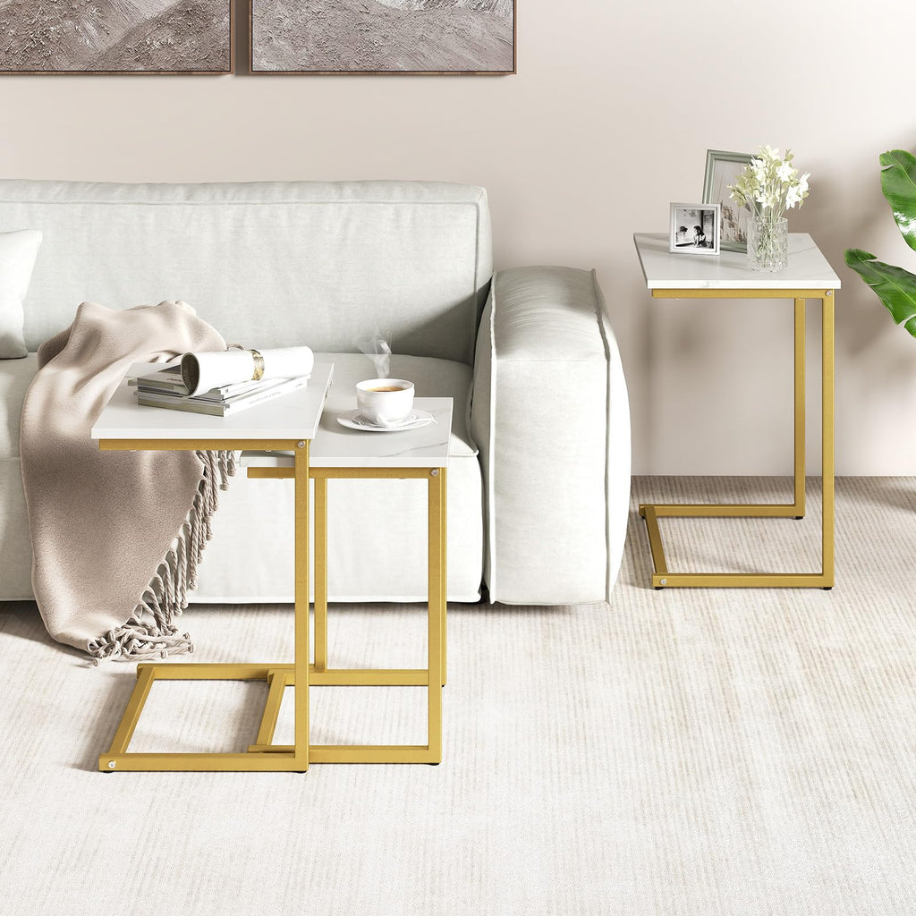 Nesting Coffee Tables Set of 3, Rectangular Nesting Center with Faux Marble Top & Metal Frame, Modern C-Shaped Nested