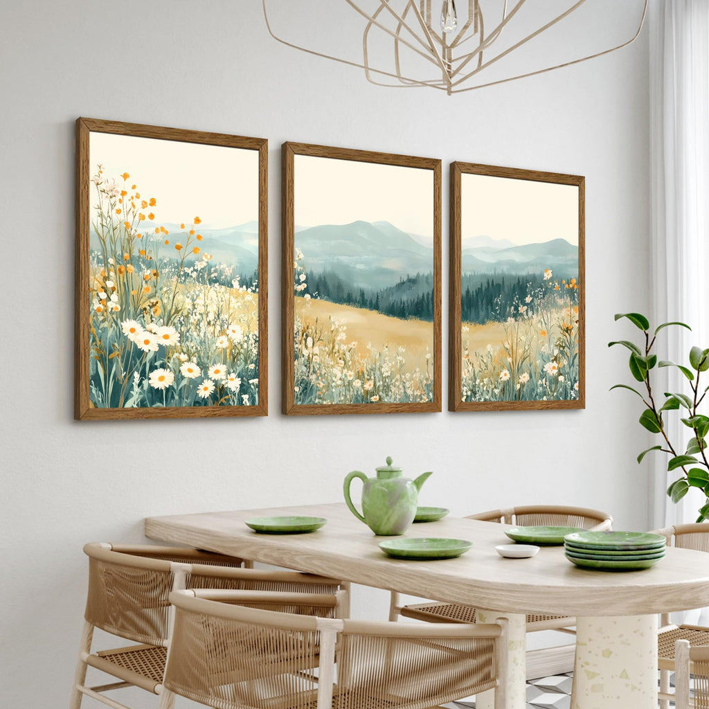 3 Pieces Wildflower Meadow Mountain Framed Canvas Wall Art 20x30 in