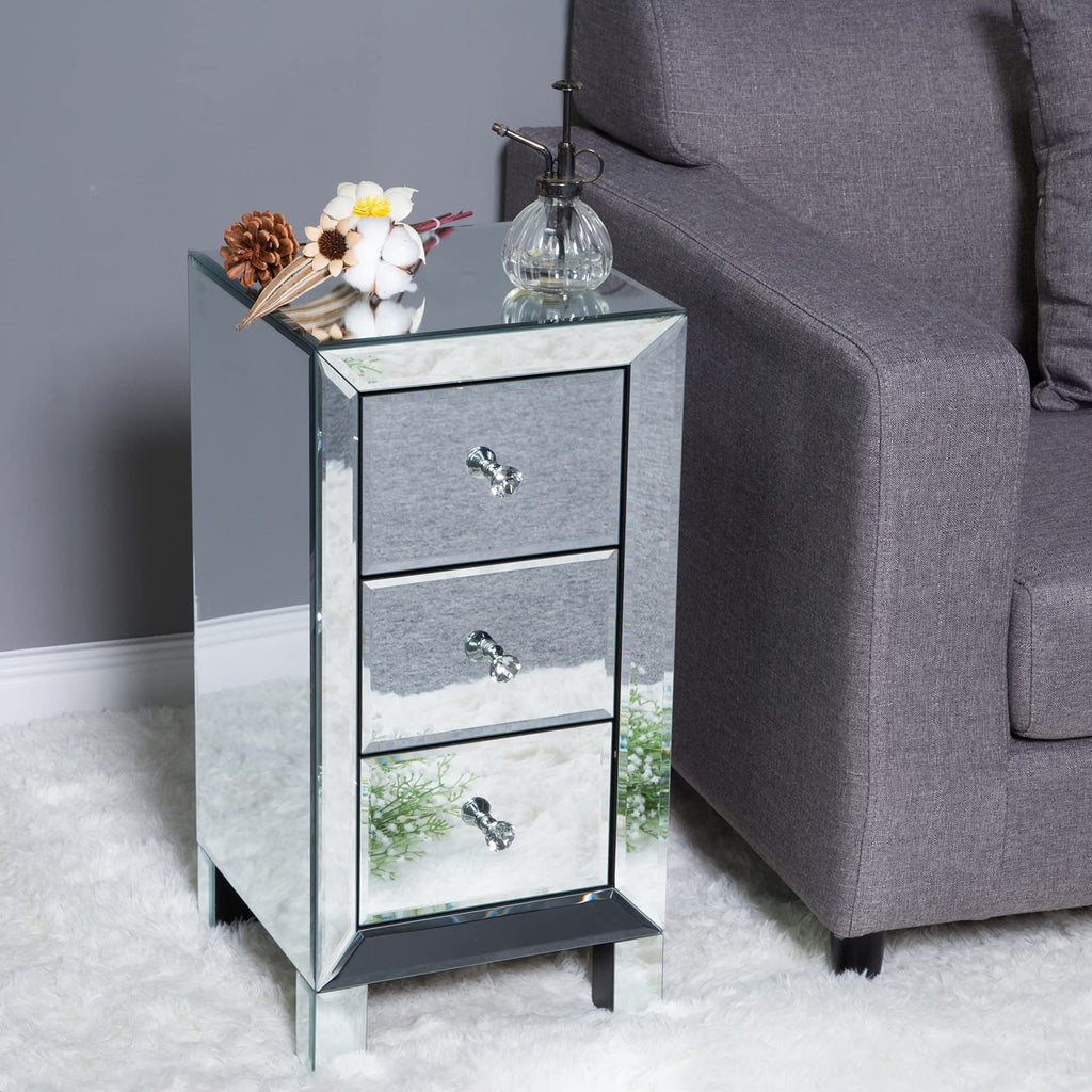 3-Drawer Mirrored Nightstand End Table Bedside Table, Silver, 11.7" L x 11.8" W x 23.8" H