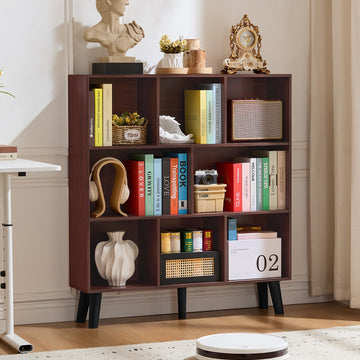 8 Cube Bookshelf, Mid-Century Modern Book Shelf with Legs, Walnut