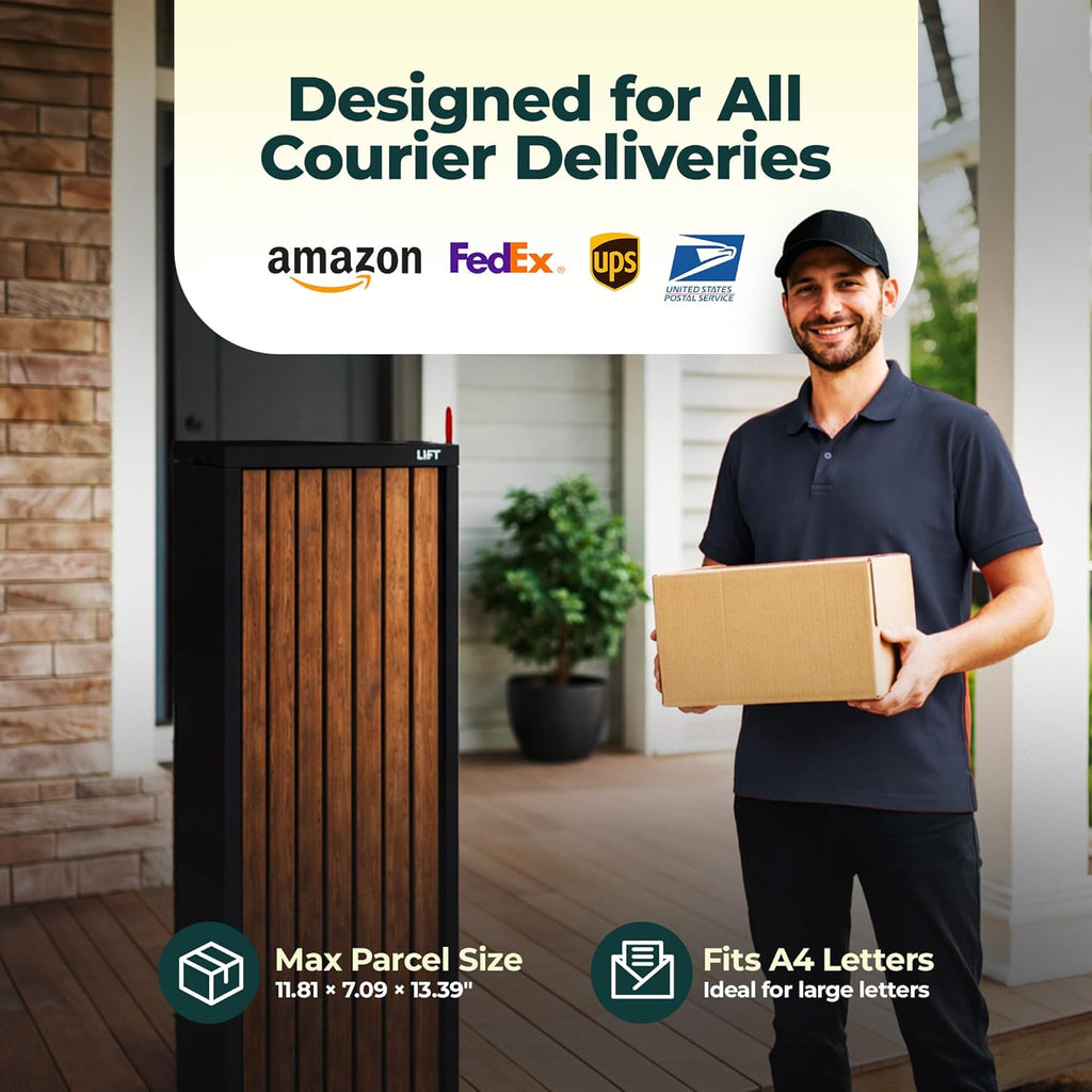 Aspen USPS Compatible Mailbox, Classic Black/Oak Package Mailbox, Anti-Theft Locking Parcel Drop Box Packages